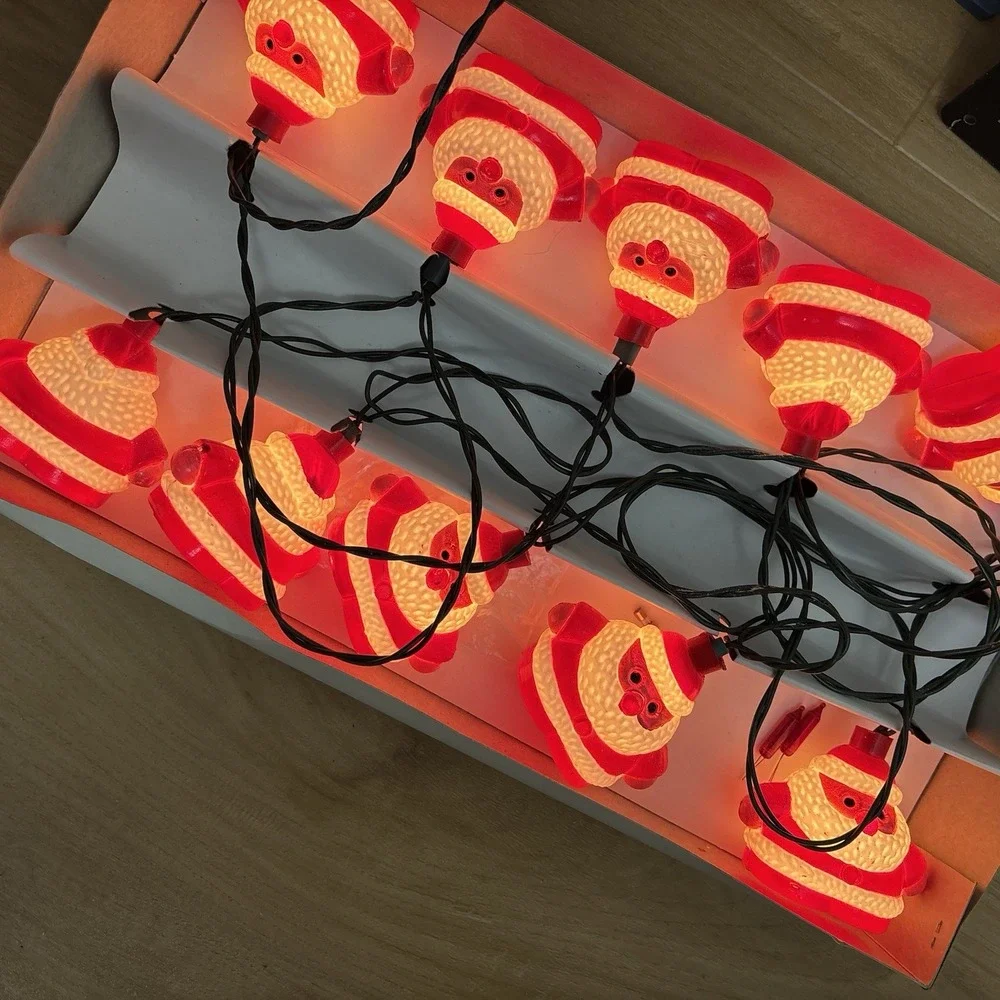 Vintage Santa Claus Blow Mold String Lights (10) In Box WORK Christmas Decor
